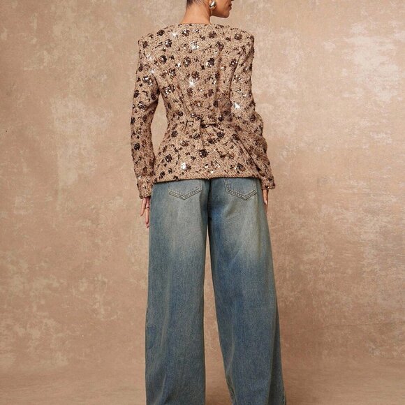 Khaki Elegant Women's Sequin Embroidered Hollow Out Cinched Tweed Blazer - Picture 8 of 8